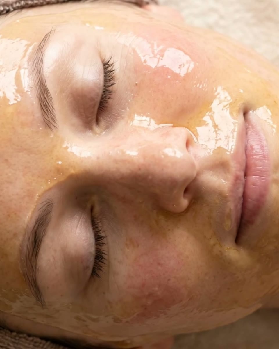 Gezicht met een glanzend honingmasker, ogen gesloten